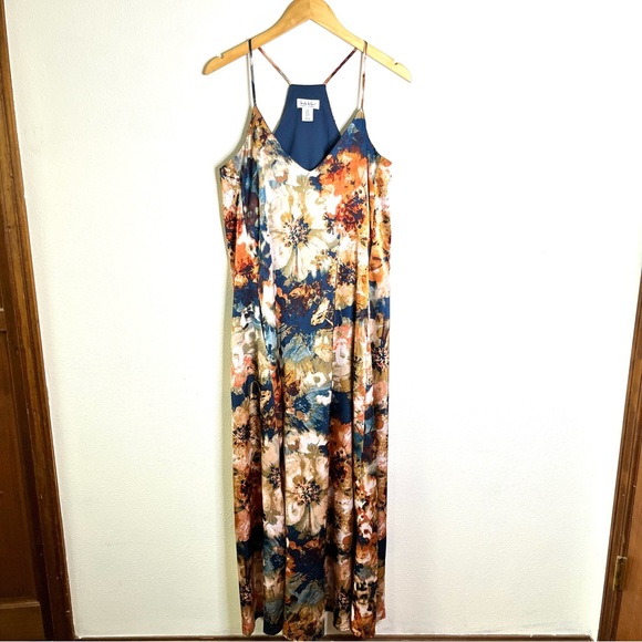 Nicole Miller New York Blue gold floral gown maxi dress sz M sleeveless evening - Picture 2 of 9